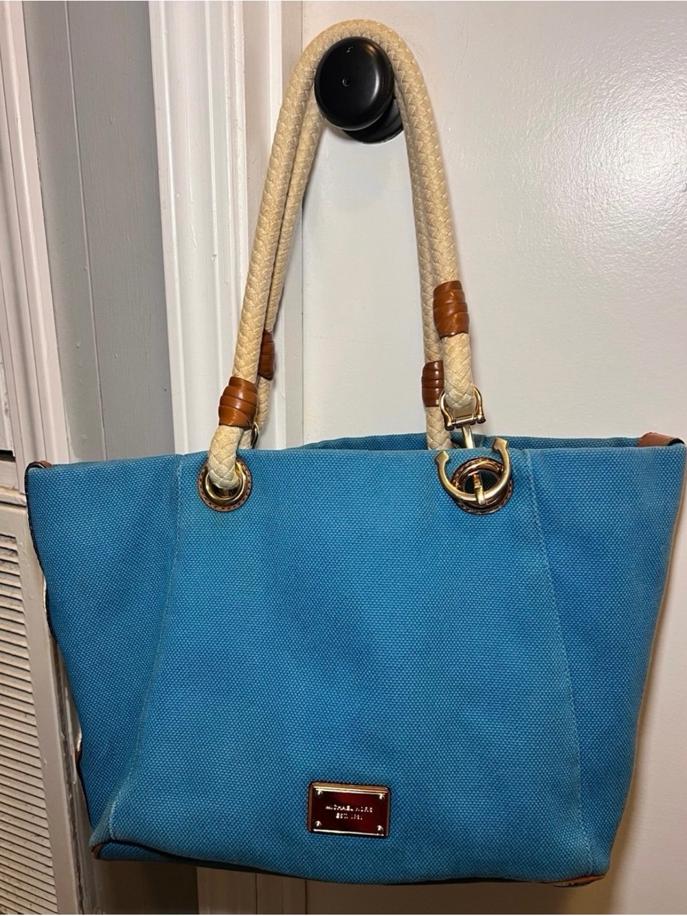 Michael Kors Turquoise Nautical Canvas Tote Bag with Rope Handles -